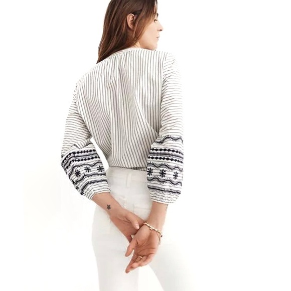 MADEWELL Button Down Shirt Navy Stripe Embroidered - Picture 2 of 8